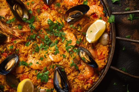 Top view of a rustic paella dish with a perfect golden crust and a generous garnish of fresh parsley, AI Generatedの素材