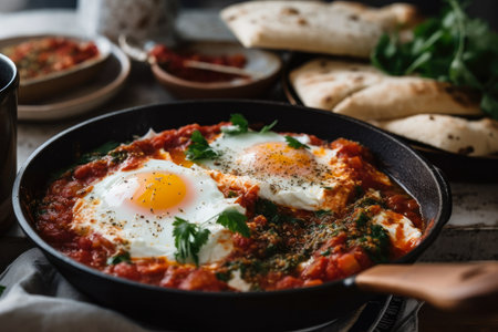 steaming bowl of Shakshuka topped with a dollop of tangy labneh and sprinkled with za'atar seasoning, AI Generatedの素材
