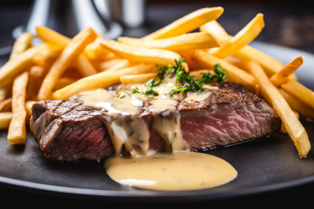 tantalizing close-up of steak frites, with a perfectly grilled medium-rare steak served on a bed of thin and crispy fries, drizzled with creamy bearnaise sauce, AI Generatedの素材