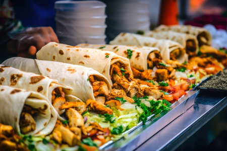 Vibrant macro shot of chicken shawarma wraps being prepared in a bustling street food market, with piles of fresh ingredients and colorful sauces on display, AI Generatedの素材