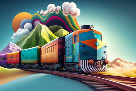 Beyond the Tracks Imaginative Illustration of a Train Carrying Colorful Containers Through a Whimsical Landscape, AI Generatedの素材
