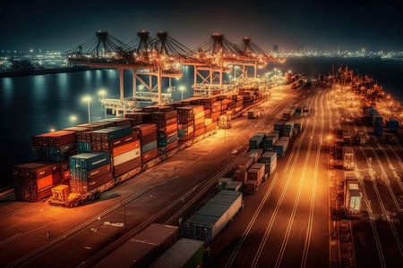 Busy Container Terminal at Night with Bright City Lights in the Background, AI Generatedの素材