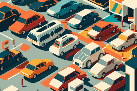 Abstract illustration of a crowded parking lot with cars and trucks parked in a geometric pattern, AI generatedの素材