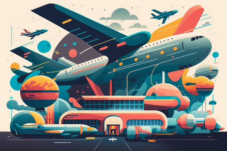 Air Travel Hub Colorful Illustration of a Vibrant Airport Terminal with Planes Taking Off and Landing, AI Generatedの素材