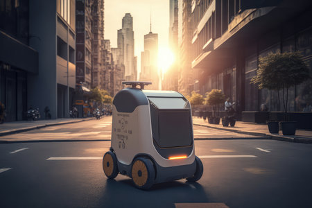Futuristic Delivery Robot in an Urban Setting, AI Generatedの素材