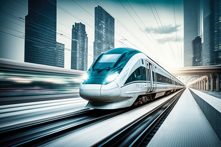 Fast-moving High-Speed Train Passing Through a Modern Urban Landscape with Skyscrapers and Bridges, AI Generatedの素材