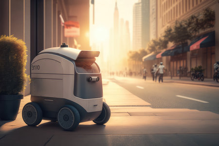 Futuristic Delivery Robot in an Urban Setting, AI Generatedの素材