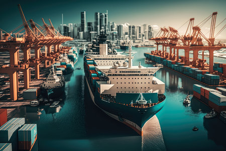 Cityscape with Cargo Ships Docked at the Port, AI Generatedの素材