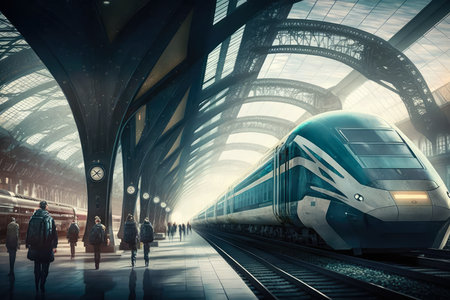Futuristic train station with high-speed trains arriving and departing in a bustling metropolis, AI Generatedの素材
