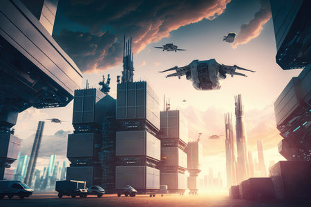 Futuristic logistics center with autonomous robots and drones in motion against a dramatic cityscape backdrop, AI generatedの素材
