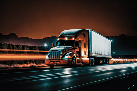 Nighttime Logistics sleek image of a delivery truck driving on a busy highway at night, showing the precision and efficiency of modern logistics, AI Generatedの素材
