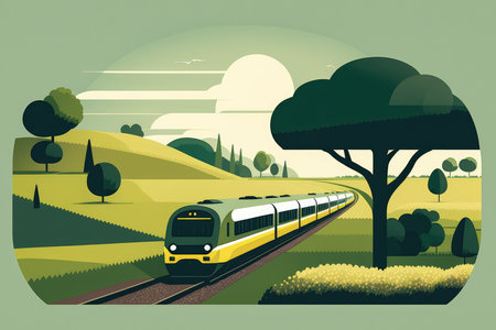 Minimalistic illustration of a train moving through a green countryside landscape, AI Generatedの素材