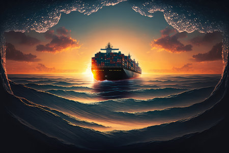 Illustration of a shipping container ship crossing the ocean at sunrise, AI Generatedの素材