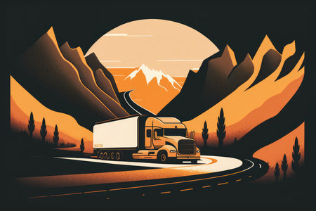 Minimalistic illustration of a truck driving on a winding road with hills in the background, AI Generatedの素材