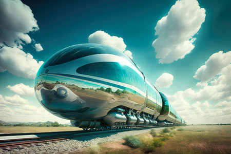 High-Speed Magnetic Levitation Train in a Futuristic Landscape, AI Generatedの素材
