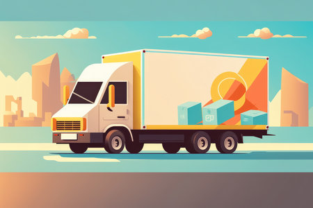 Minimalistic cargo truck delivering packages on a bright sunny day, AI Generatedの素材