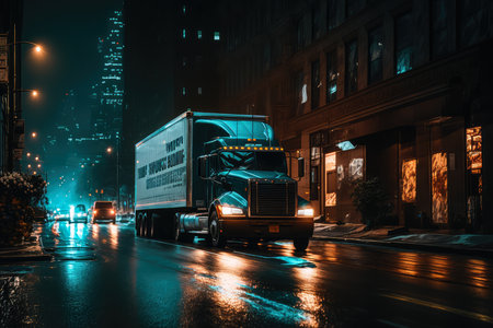 Nighttime Supply Chain industrial image of a delivery truck hauling shipping containers through the dimly lit city streets at night, AI Generatedの素材