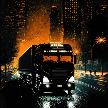 Nighttime Delivery dramatic silhouette of a delivery truck cruising down a busy city road illuminated by the glowing headlights and streetlights, AI Generatedの素材