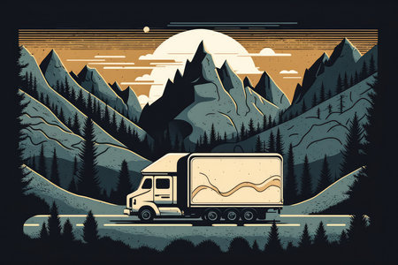Minimalistic Art of a Reliable Delivery Truck on a Picturesque Mountain Route, AI Generatedの素材