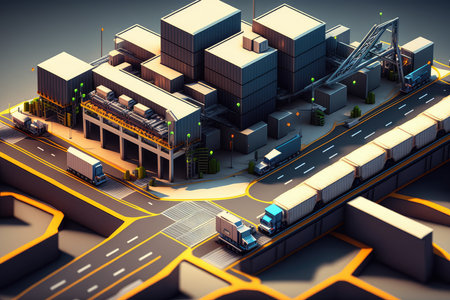 Logistics Center abstract 3D rendering of a busy logistics center with conveyor belts, trucks, and pallets moving in and out of the building, AI Generatedの素材