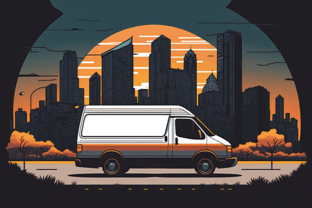 Simple Illustration of a Delivery Van with a Cityscape in the Background, AI Generatedの素材