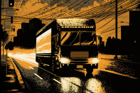 Nighttime Delivery dramatic silhouette of a delivery truck cruising down a busy city road illuminated by the glowing headlights and streetlights, AI Generatedの素材