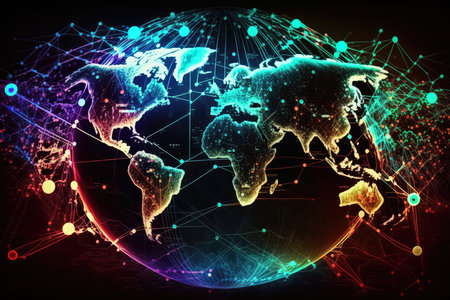 Neon-colored abstract image of a global supply chain with different nodes and connections, AI Generatedの素材