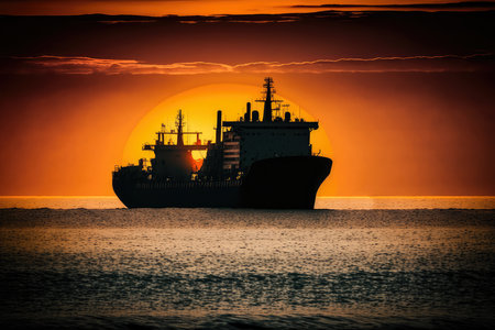 Silhouette of a Cargo Ship Navigating at Sunset, AI Generatedの素材