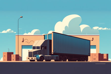 Minimalistic illustration of a truck parked at a warehouse with a blue sky in the background, AI Generatedの素材