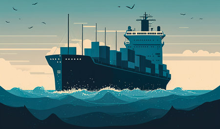 Simple illustration of a cargo ship cruising on a calm ocean, AI Generatedの素材