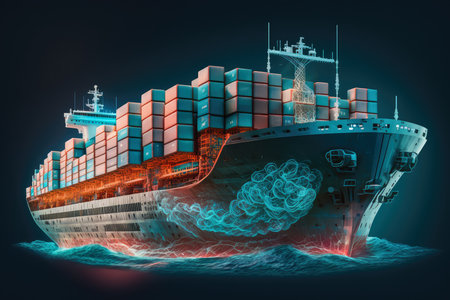 High-Tech Cargo Ship Transporting Containers, AI Generatedの素材