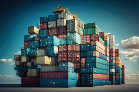 Shipping containers stacked high against a clear blue sky with a bustling port in the background and a cargo ship entering the harbor, AI Generatedの素材