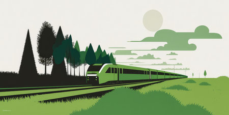 Minimalistic illustration of a train moving through a green countryside landscape, AI Generatedの素材
