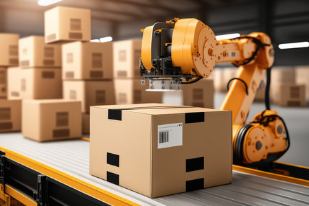 Robotic Arm Sorting Packages in Warehouse, AI Generatedの素材