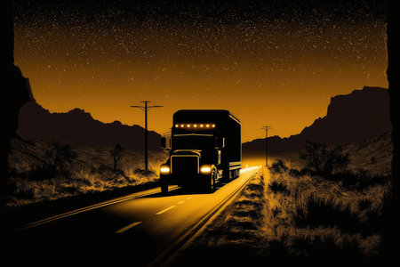 Silhouette of a Delivery Truck on a Deserted Highway in the Middle of Nowhere, AI Generatedの素材