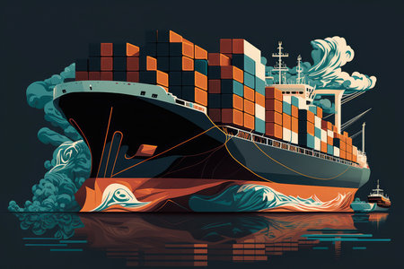 Sleek illustration of a shipping container ship cruising at a harbor, AI Generatedの素材