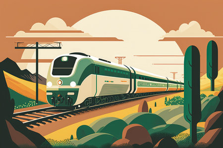 Minimalistic illustration of a train on a railway track in the countryside, AI Generatedの素材