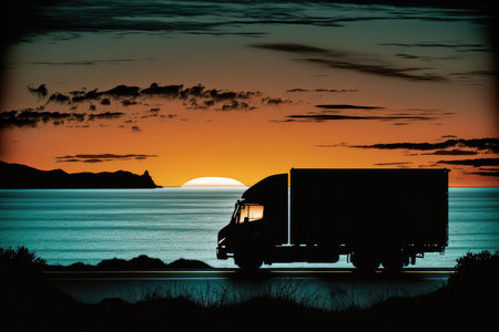 Silhouette of a Delivery Truck on a Twilight Coastal Road, AI Generatedの素材