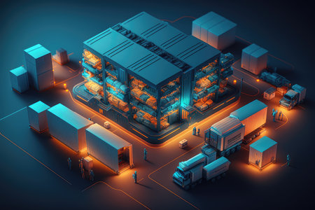 Smart Warehouse Abstract 3D rendering of a high-tech logistics and transport warehouse featuring automation, robotics, and inventory management systems, AI Generatedの素材