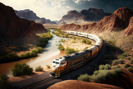 Stunning image of a long and winding logistics train winding through a rugged and scenic landscape, AI Generatedの素材