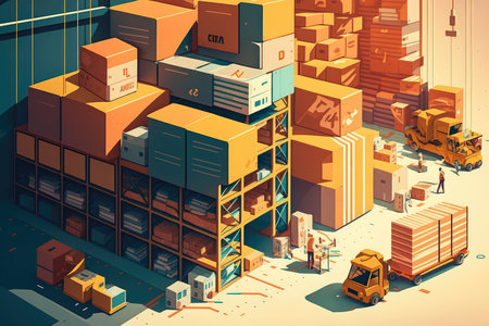 Vibrant and Dynamic Warehouse Complex with a corridor of Activity, AI Generatedの素材