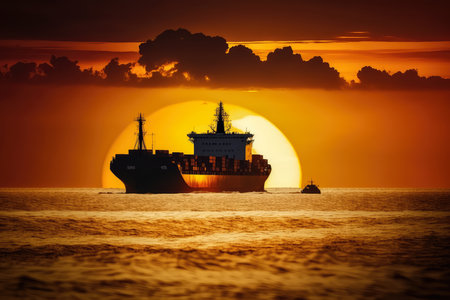 solitary cargo ship sailing peacefully in front of a stunning sunset with a warm yellow and orange color scheme, creating a tranquil silhouette, AI Generatedの素材