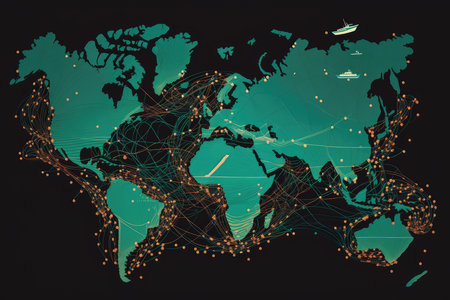 World Map Made of Cargo Ship Routes vector-style, AI Generatedの素材