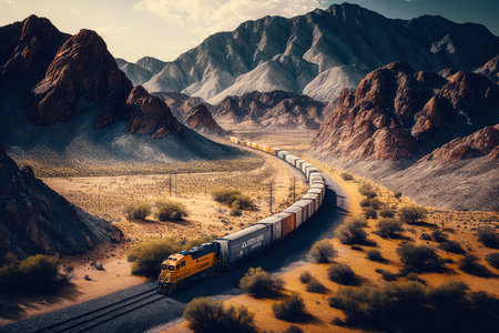 Stunning image of a long and winding logistics train winding through a rugged and scenic landscape, AI Generatedの素材