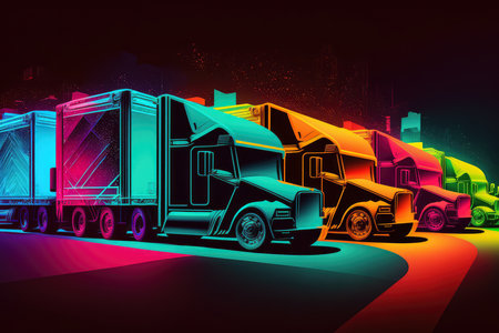 Vibrant and colorful stylized image of a fleet of delivery trucks against a neon background, AI Generatedの素材