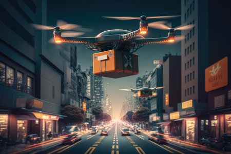 Zooming through the city streets, a fleet of drones deliver packages to customers with precision and speed, AI Generatedの素材