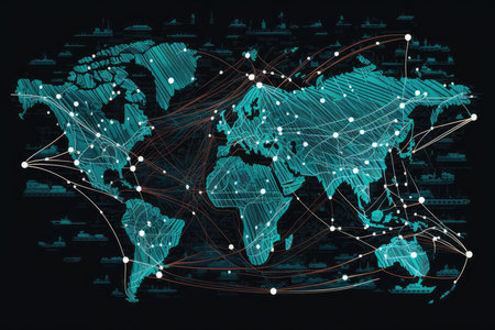 Supply Chain Network digital illustration of a world map with interconnected transportation routes for international logistics, AI Generatedの素材