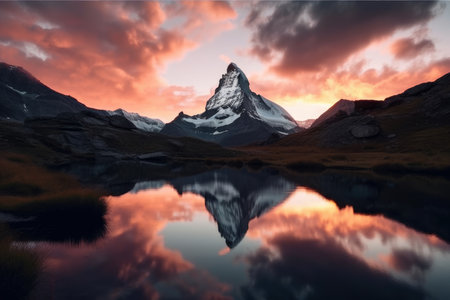 Breathtaking view of a snow-capped mountain peak with a dramatic sunset sky and a tranquil lake in the foreground, AI Generatedの素材
