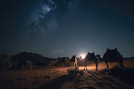 Awe-Inspiring Desert Landscape with a Caravan of Camels Under a Starry Night Sky, AI Generatedの素材