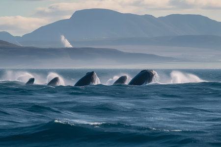 Awe-Inspiring Ocean Stunning Landscape with Whales Breaching in the Distance, AI Generatedの素材